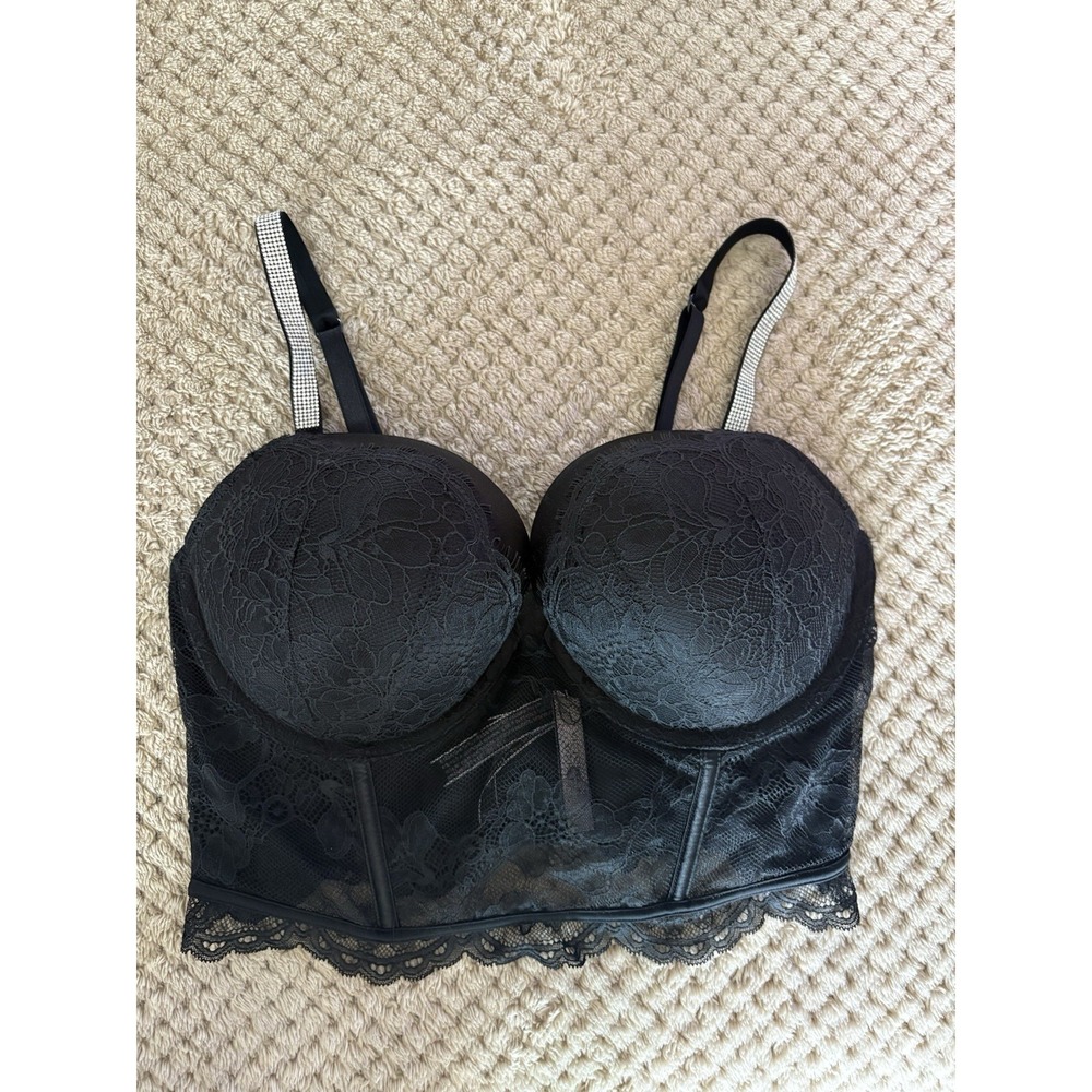 Victoria Secret Very Sexy Rhinestone Strap Push Up Black Lace Corset Bra Top 36D